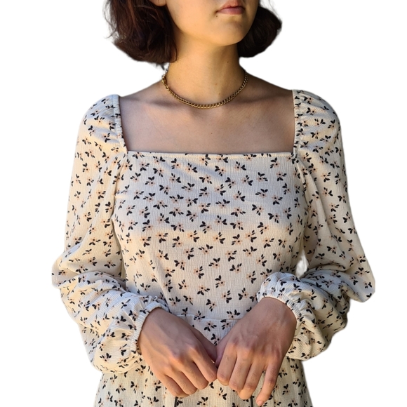 Cotton On M Ivory Floral Long Sleeve Square Neckline Mini Dress - Picture 2 of 14